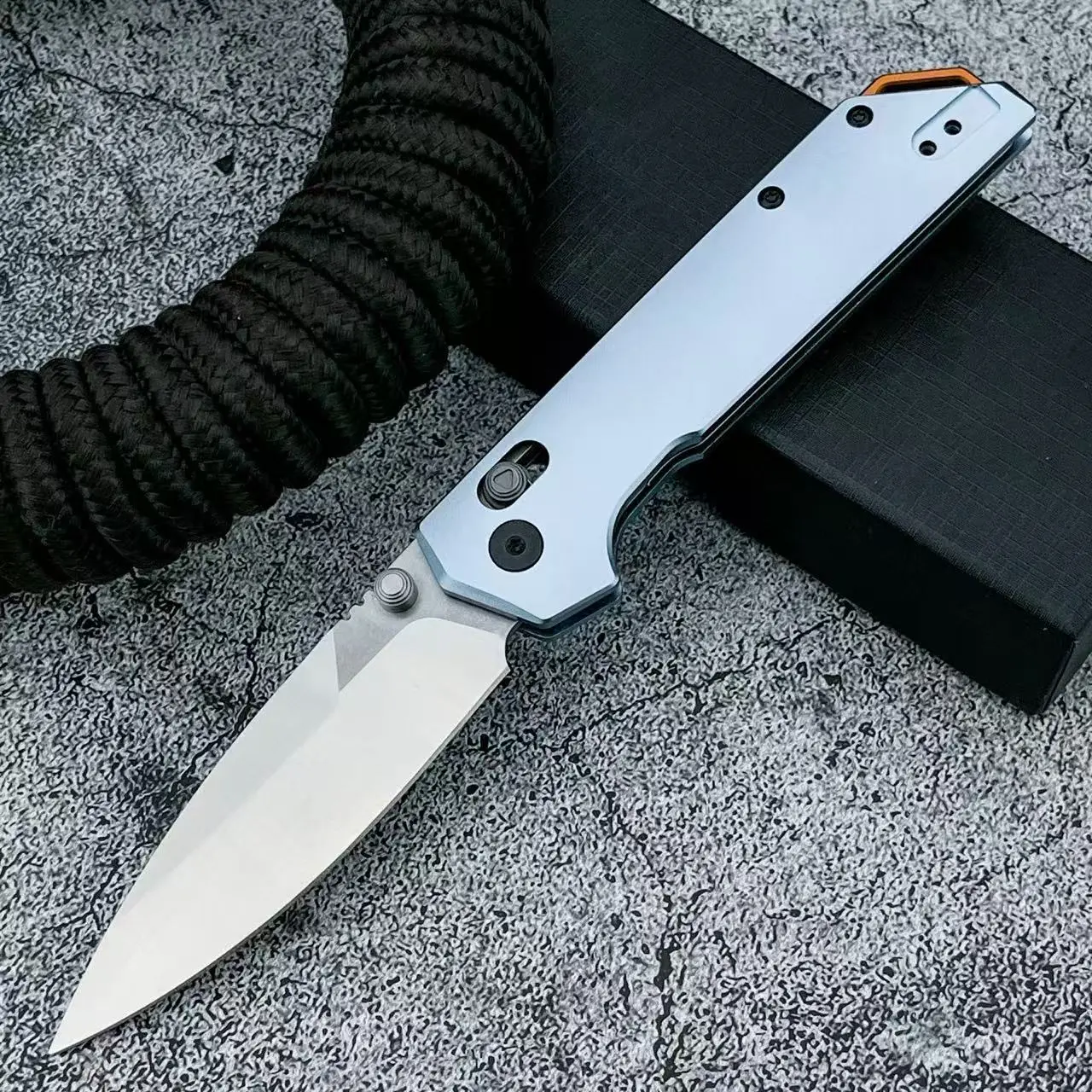 D2 Steel EDC Folding Pocket Knife Spear Point Satin Blade Blue  Aluminum Handle, Compact Utility Knife for Daily Unboxing