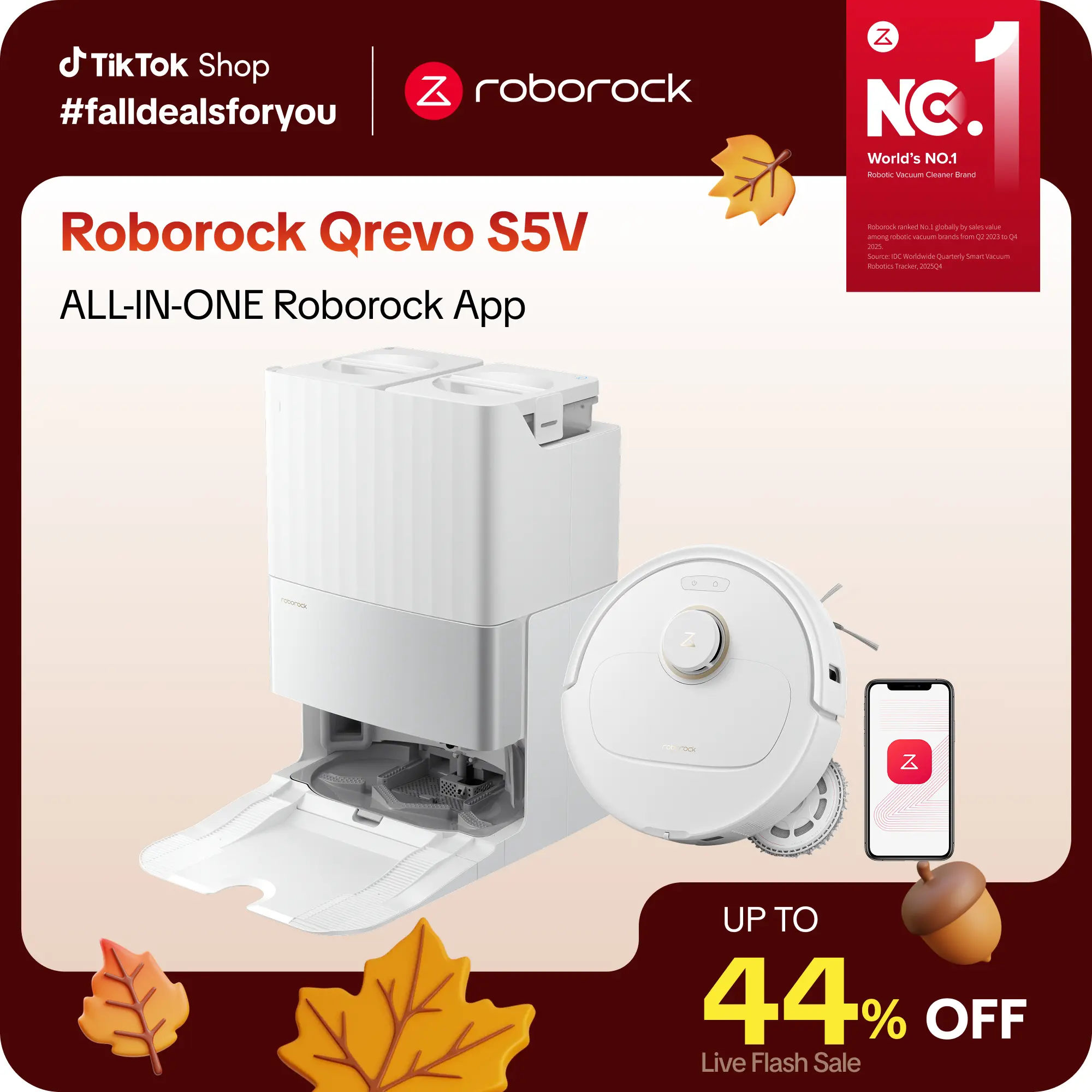 Roborock Qrevo S5V Robot Vacuum and Mop - 12000Pa Suction, Wi-Fi, Automatic Self-Emptying, Self-Cleaning, Mop Washing, FlexiArm Edge Mopping, Warm Air Drying, Hard Floor Cleaning, Cleaning Upgrade, Clean Floors Solution #TikTokShopFallDealsForYou