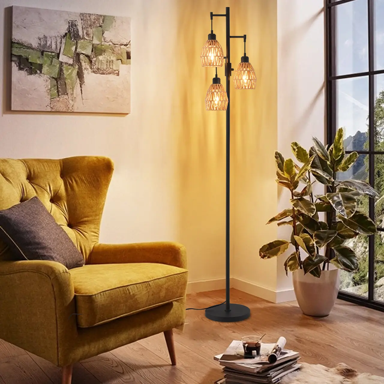 DEMILARE   Rattan Boho Floor Lamp – Standing 70'' tall, this dimmable floor lamp features a rustic cage-style shade and blends industrial farmhouse aesthetics with natural charm. Perfect for bedrooms, offices, or living rooms,SummerFinds,Summer Turn Up