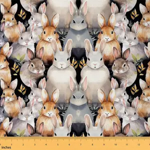 Rabbit Upholstery Fabric for Chairs Couch,Cute Rabbit Fabric By The Yard,Plam Leaf Fabric for Upholstery and Home DIY Projects,Brown White Blue