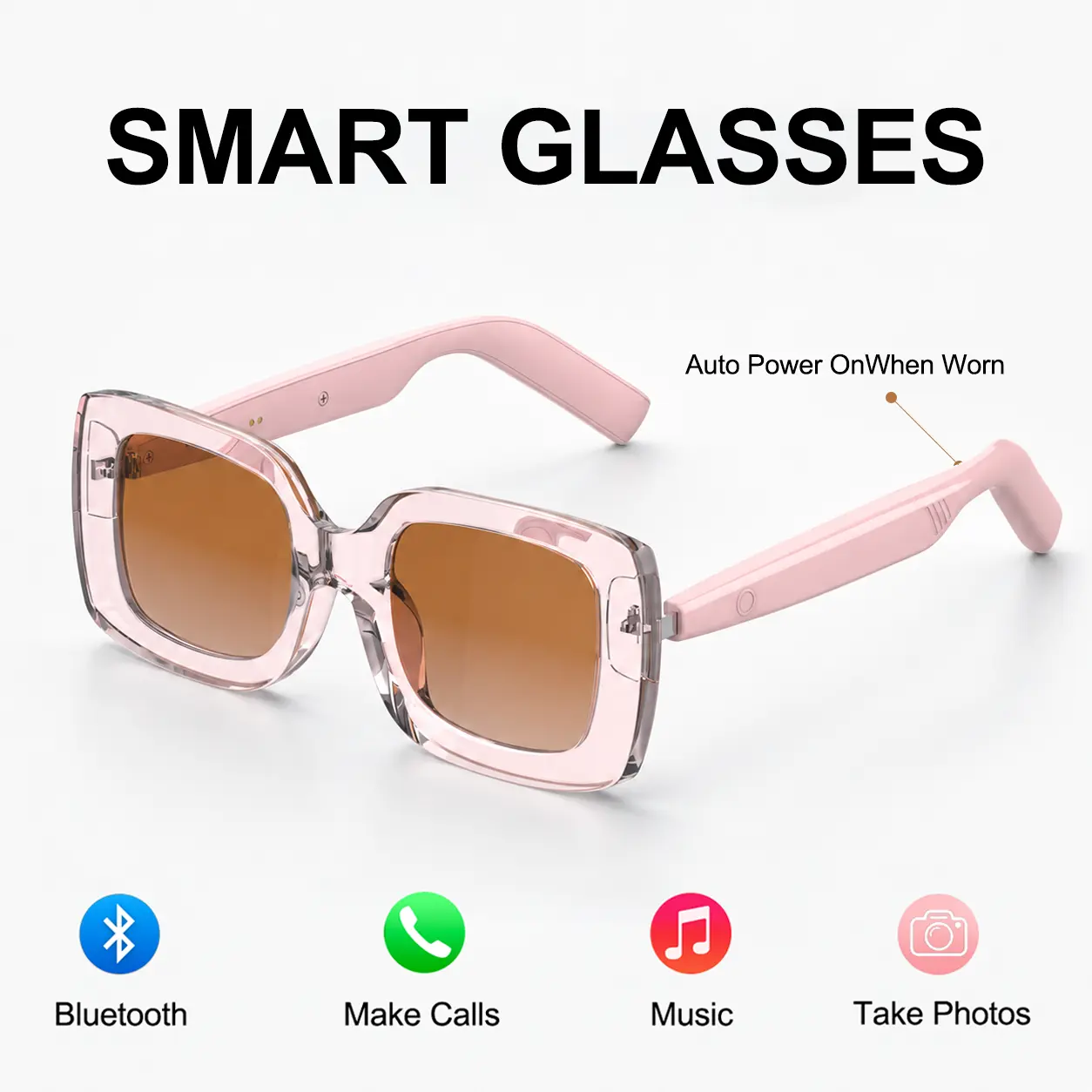 Smart Bluetooth Glasses for Women, Pink Bluetooth Audio Sunglasses, Auto Power On When Worn, Open-Ear Audio, Hands-Free Calling, Music Playback, Touch Control, Voice Assistant, Fashion Square Sunglasses, Beach Sunglasses, Holiday Gift Wearable