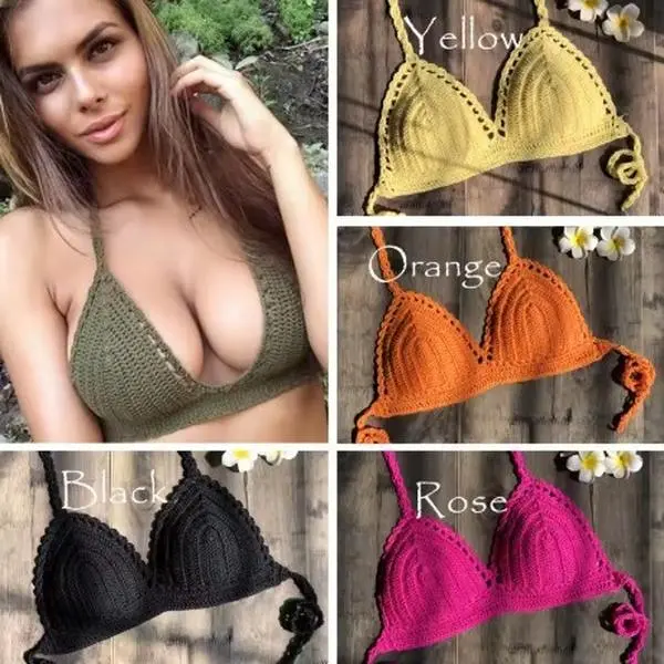 Handmade Crochet Bikini Top Bra Halter Tie Swimwear Beach Festival Boho S-XL