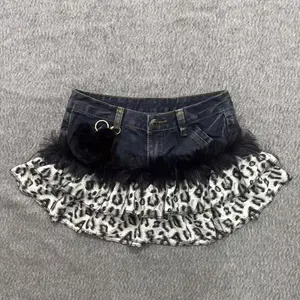 New Gothic Y2K  Grunge Denim Skirts Women Subculture Retro Punk Print Mini Skirt Vintage Streetwear Fashion Faux Fur Patchwork Skirt Womenswear Aesthetic Bottom Fishnet