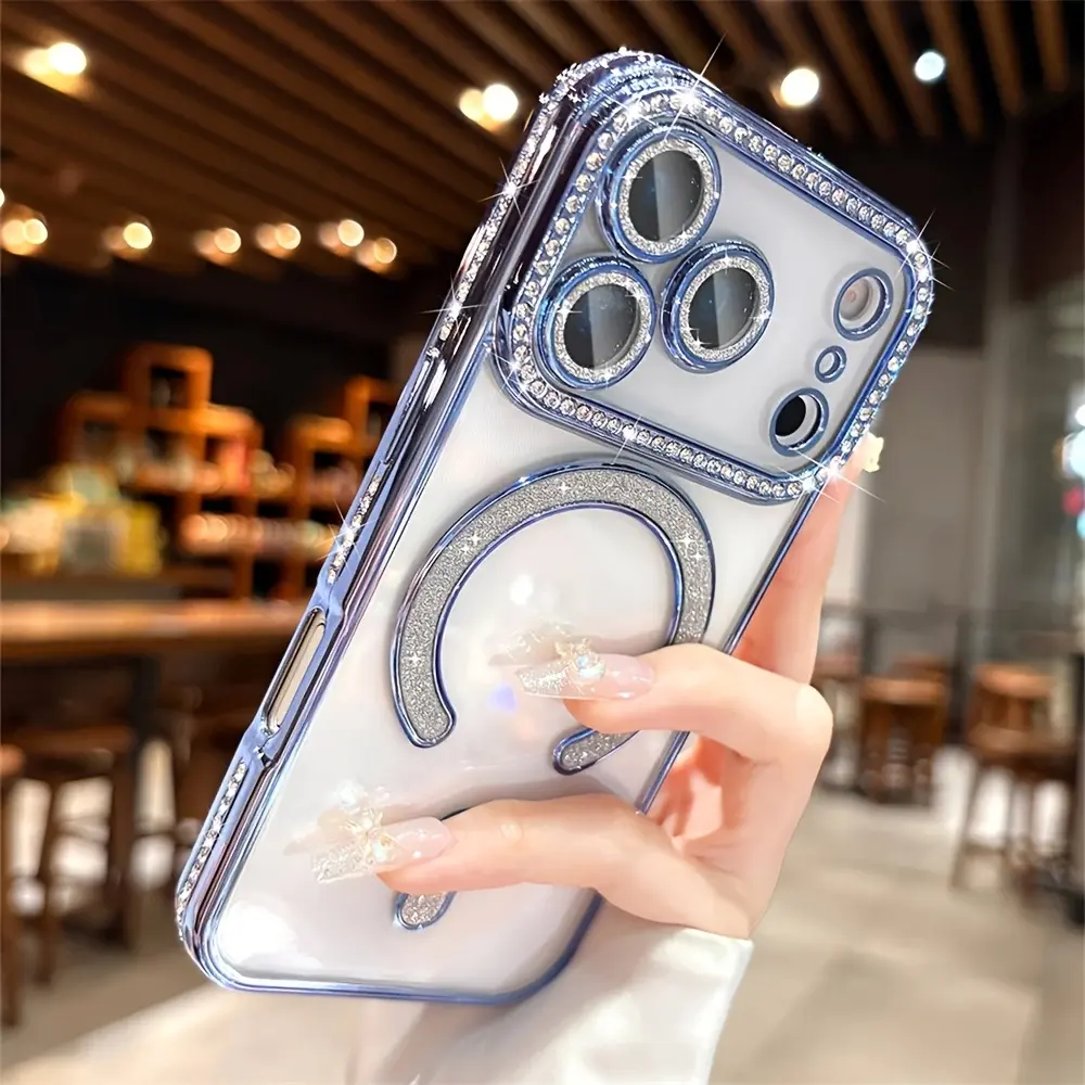 Phone case: iPhone 17Air Pro Max 13 14 15 16 Plus new crystal diamond transparent protective case, shiny magnetic wireless charging case