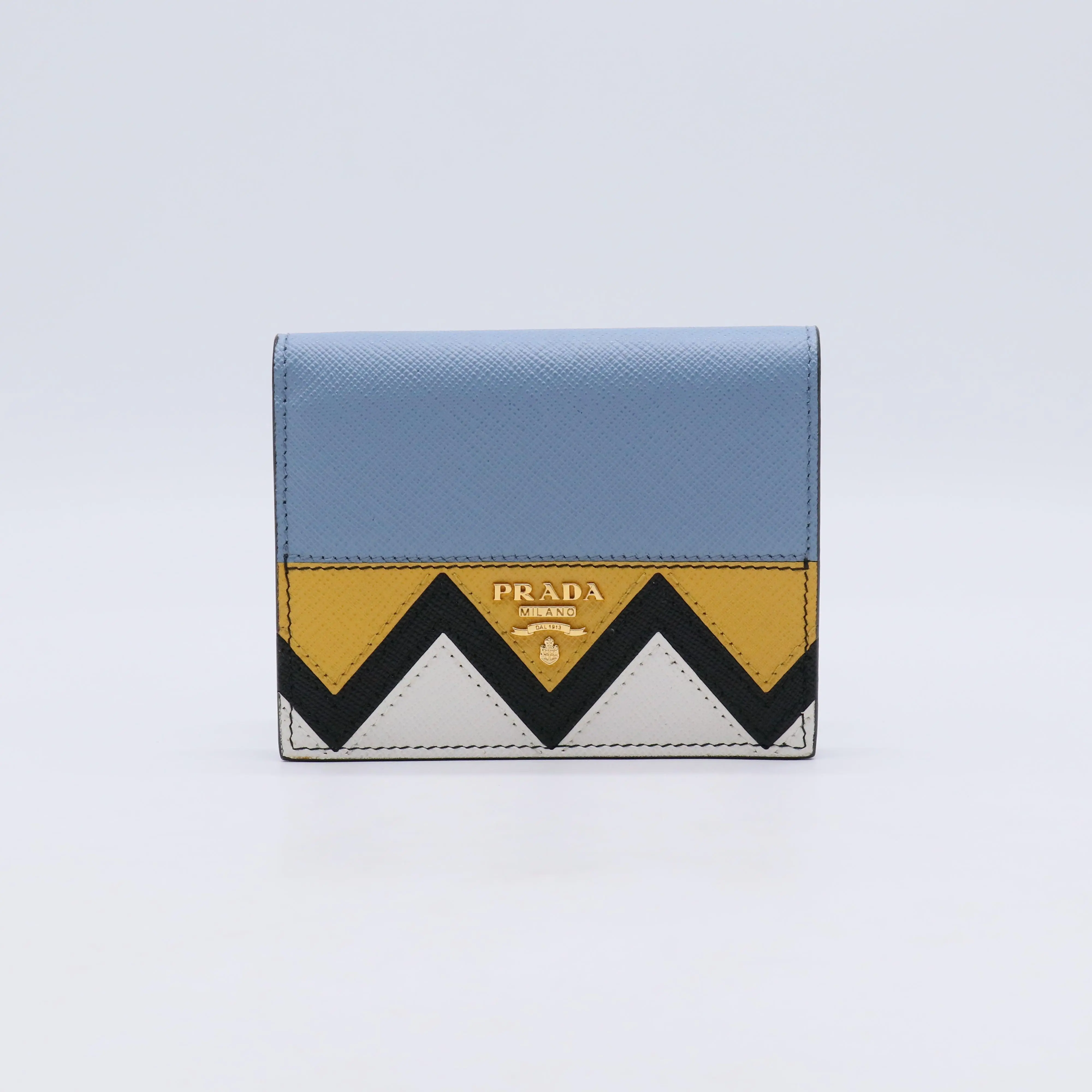 Pre-owned PRADA Leather Small Leather Goods Multicolor Saffiano Greca Bifold Compact Wallet W21306