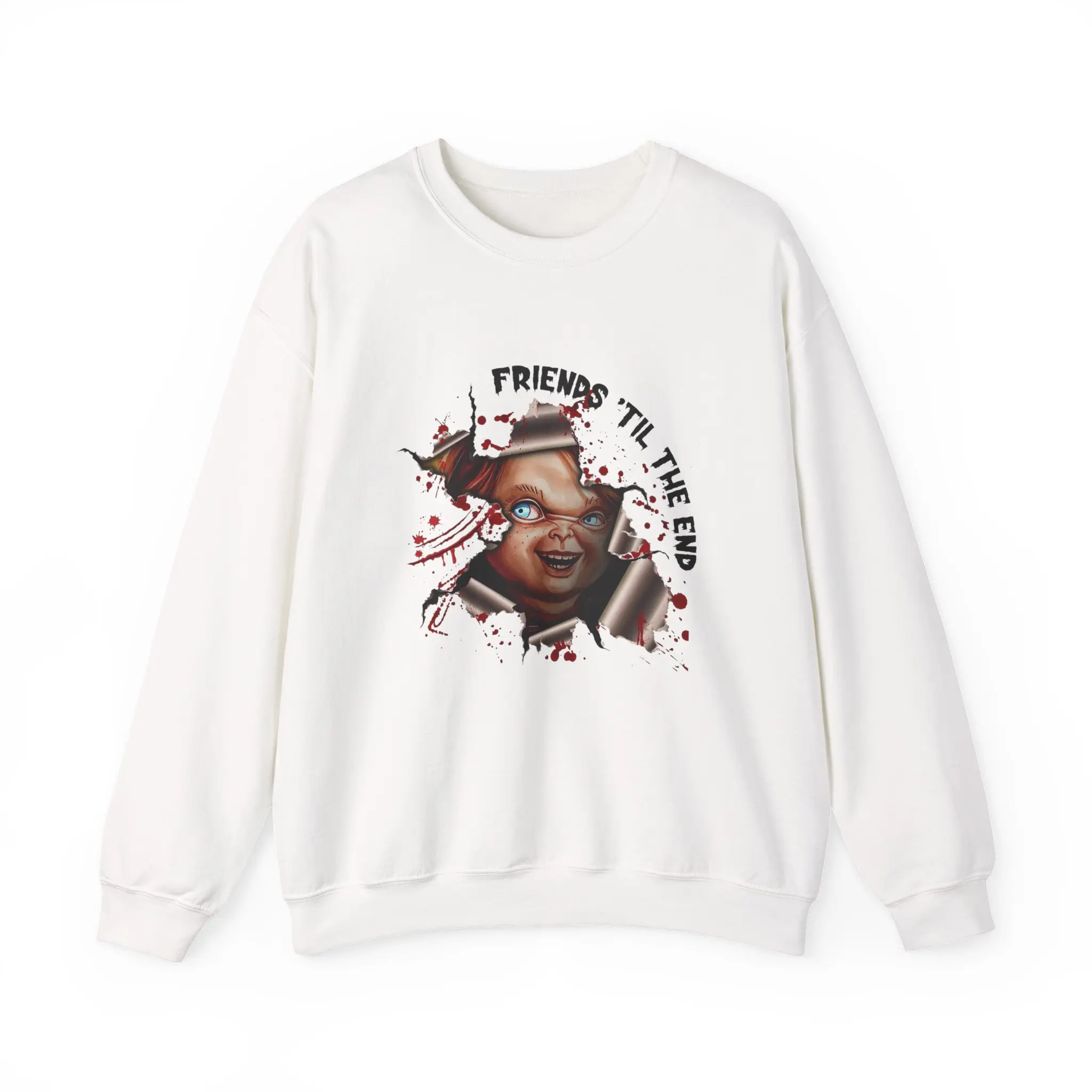 Chucky-Inspired Sweatshirt, Friends 'Til The End Crewneck, Horror Fan Apparel, Halloween Gift, Unisex Sweater