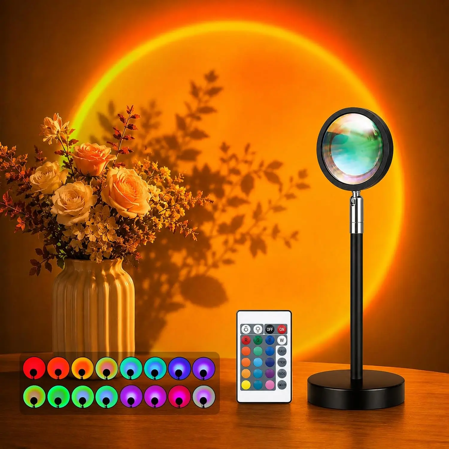 Sunset Projection Lamp with Remote Control, 360° Rotatable Rainbow LED Light, USB Powered, Romantic Mood Lamp, for Bedroom, Living Room Decor