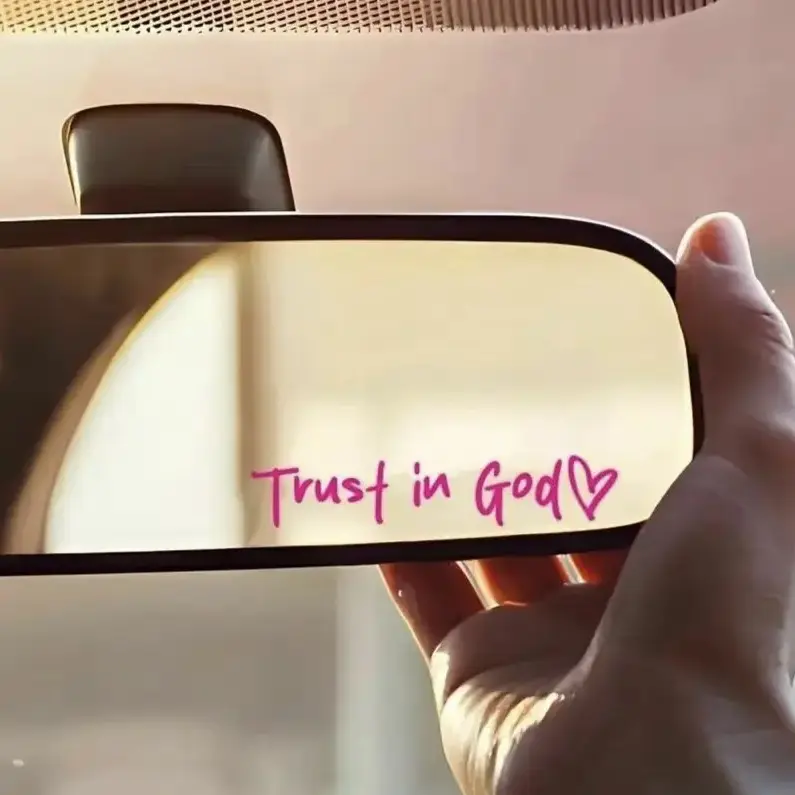 2pcs Pink Religious Trust in God Rearview Mirror Car Stickers, Peel-and-Stick Uplifting Quote Automotive Exterior Accessory, Car Decoration with Visibility Boost, Christian Inspirational Gift