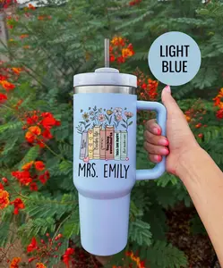 Custom Teacher Tumbler: Floral Book Stack UV Print, Personalized Gift