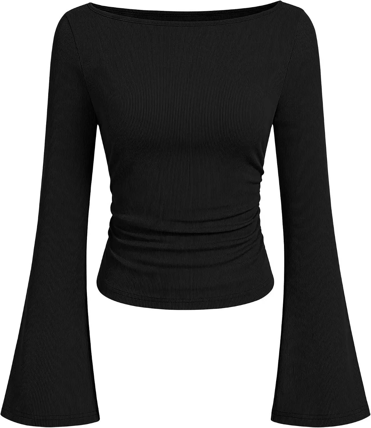 ANRABESS Women Bell Long Sleeve Shirts Boat Neck Top | Flare Sleeve Crop Tee, Side Ruched Ribbed Knit, Business Casual Office Wear, Travel Vacation Everyday Outfit
