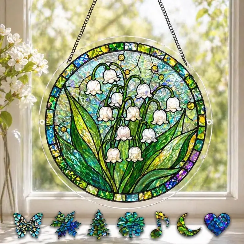 Lily of the Valley Floral Stained Glass Suncatcher Window Hanging Panel, High-Quality Acrylic Textured Glass with Metal Chain, Perfect Garden Sun Catcher Ornament Gift for Plant Lovers