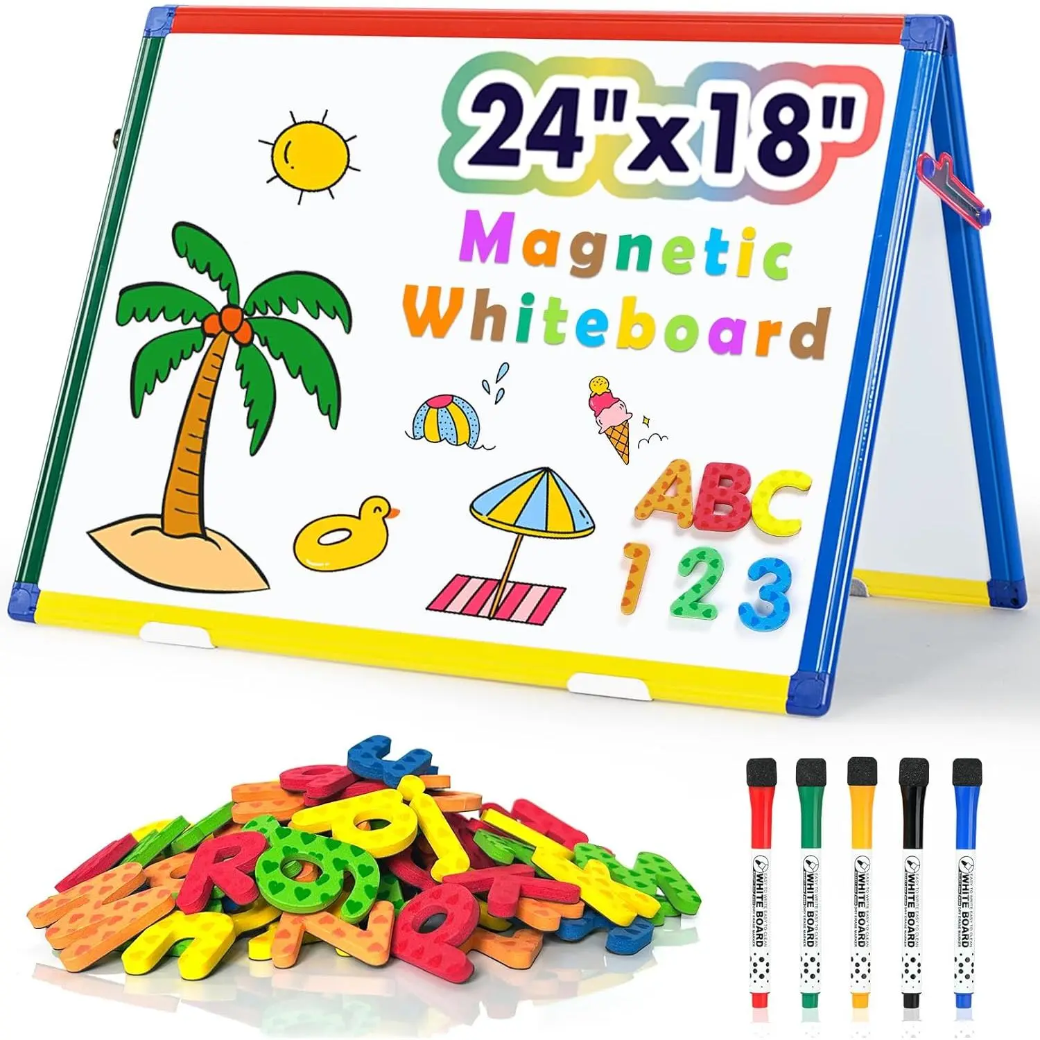 WANCROWN  Board for  - Tabletop White Board for - 24x18 Inch Double ided Foldable Dry Erae Board tanding with 82 count Alphabet  Whiteboard Letter
