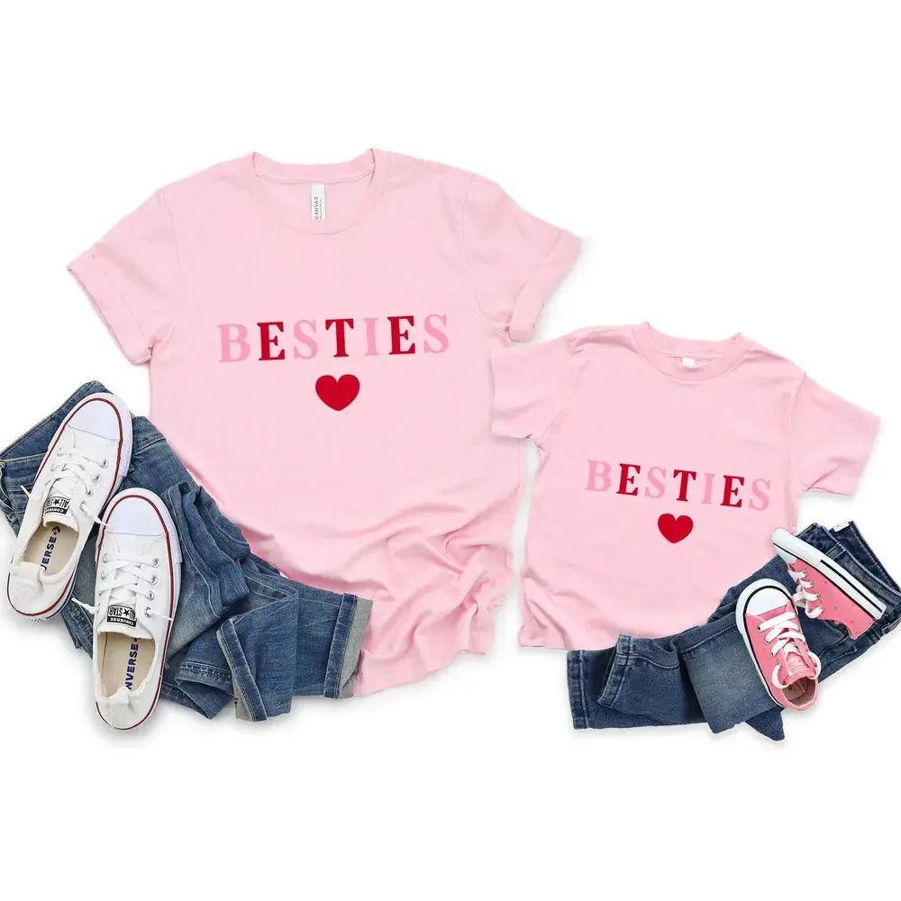 Besties Mom and Me Matching T-Shirt - Comfortable Cotton Jersey Tee with "BESTIES" Print, Pink Design, Suitable for Womenswear