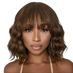 Beginner Friendly Brown Loose Wave Glueless Minimalist Lace Shoulder Length Wavy Bob Wig with Bangs