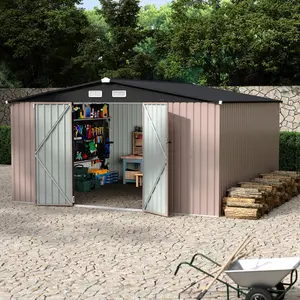 12x12 FT Outdoor Metal Storage Shed, Garden Tool Metal Shed with Lockable Doors and Vents, Large Waterproof Tool Shed for Backyard, Garden, Patio, Lawn, Lean-To Type