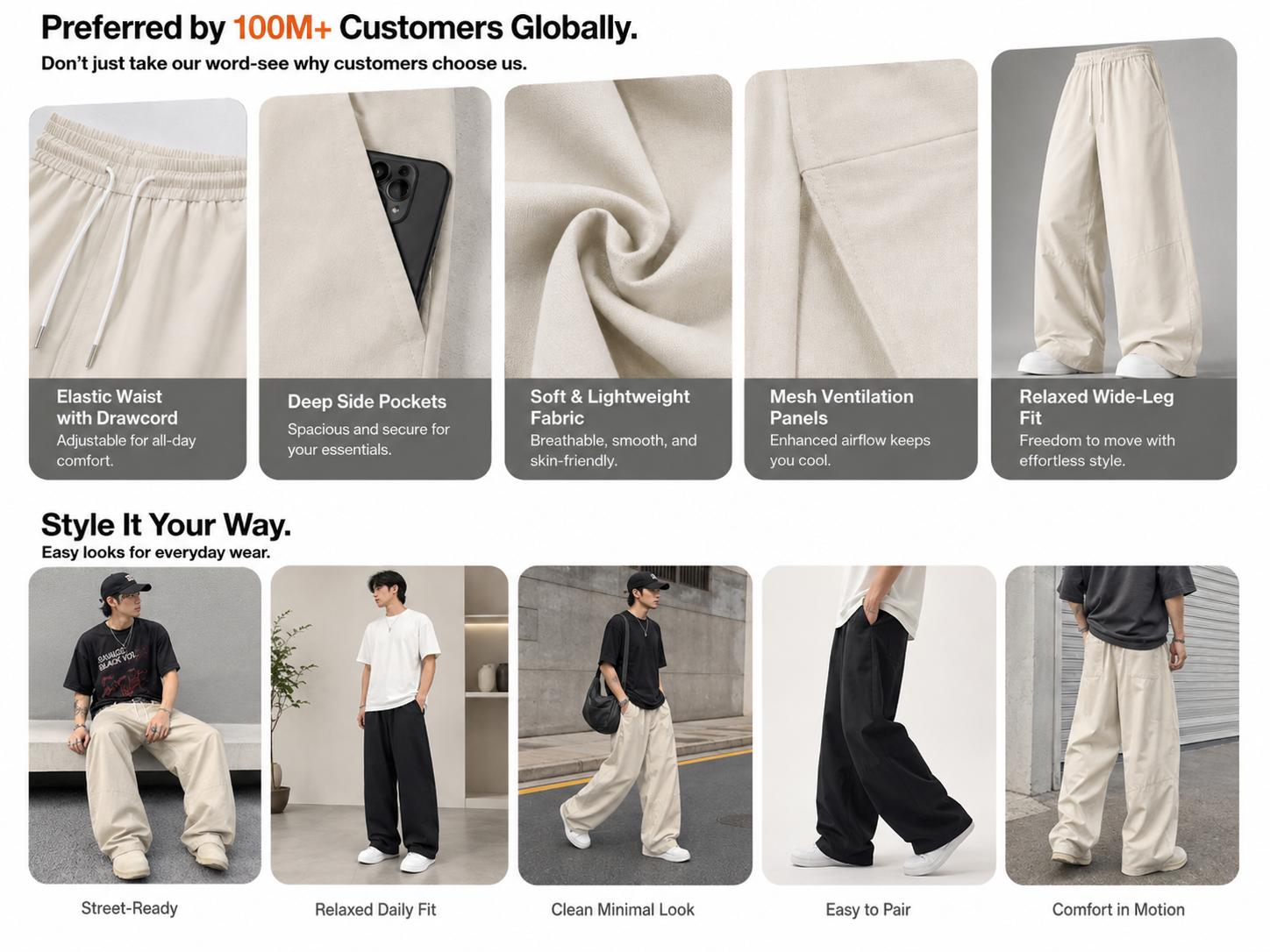 Men's Baggy Wide-Leg Parachute Cargo Pants - Menswear Clothes, All-Season Solid Plain, Lightweight Streetwear with Drawstring Waist and Side Pockets