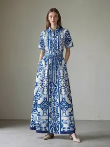 Women's Summer Elegant Style Short Sleeve Maxi Dress, Chic Mediterranean Pattern A-Line Shirt Dress with Belt, Slim-Fitting Polyester Fiber