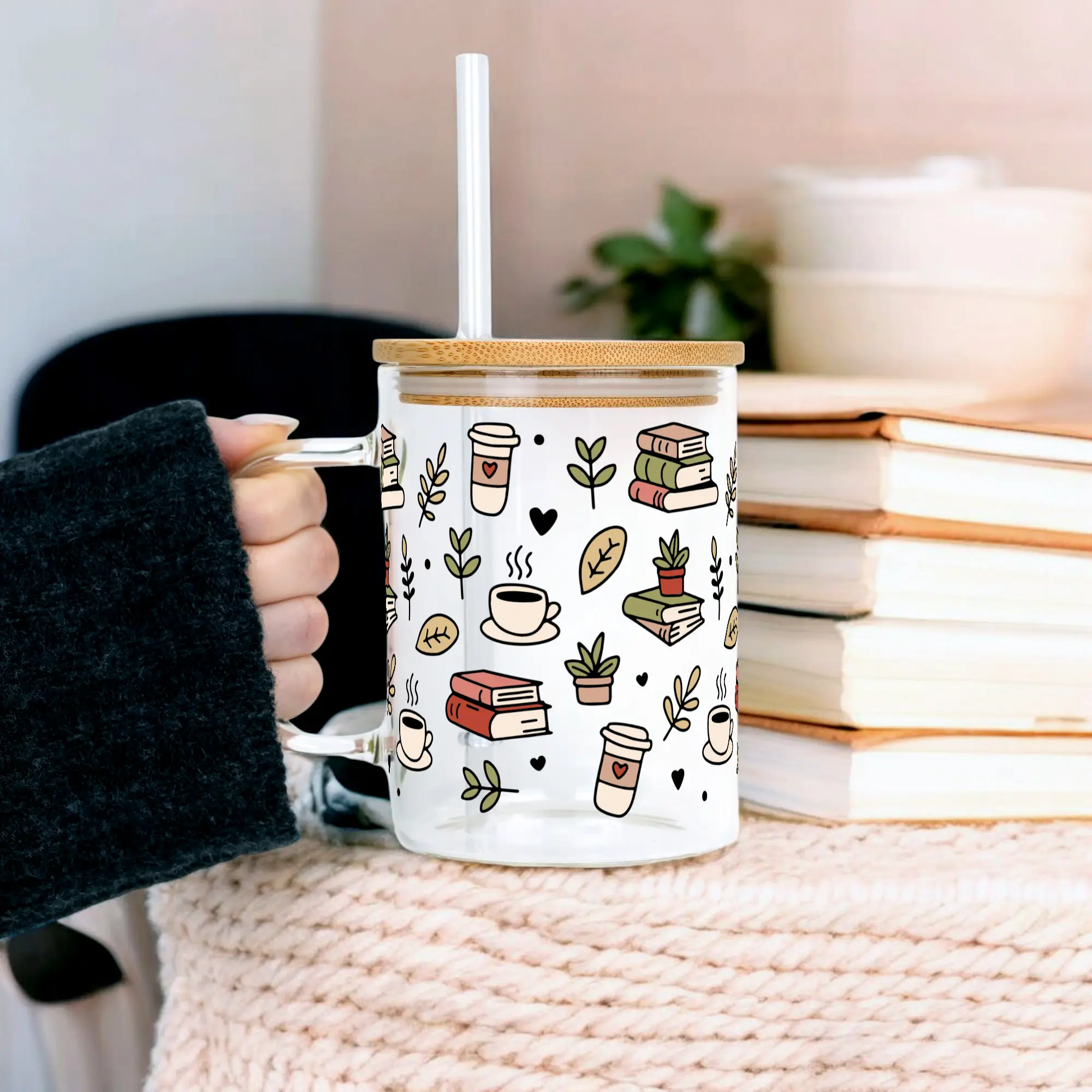 Sip-Sip Hooray! 17oz Bookish Glass Coffee Mug – Book Lover Tumbler with Lid & Straw, Reusable BookTok Cup, Romantasy & Horror Reader Gift Drinkware Ba