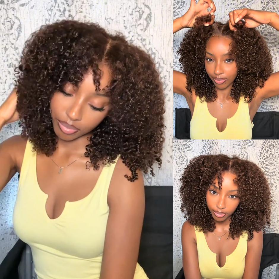 FORGIRL FOREVER Wear And Go Glueless Wig 7x5 Pre Cut Bleached Knots Afro Kinky Curly Wig Lace Front Human Hair Wigs #4 Chocolate Brown Kinky Curly Glueless Wig