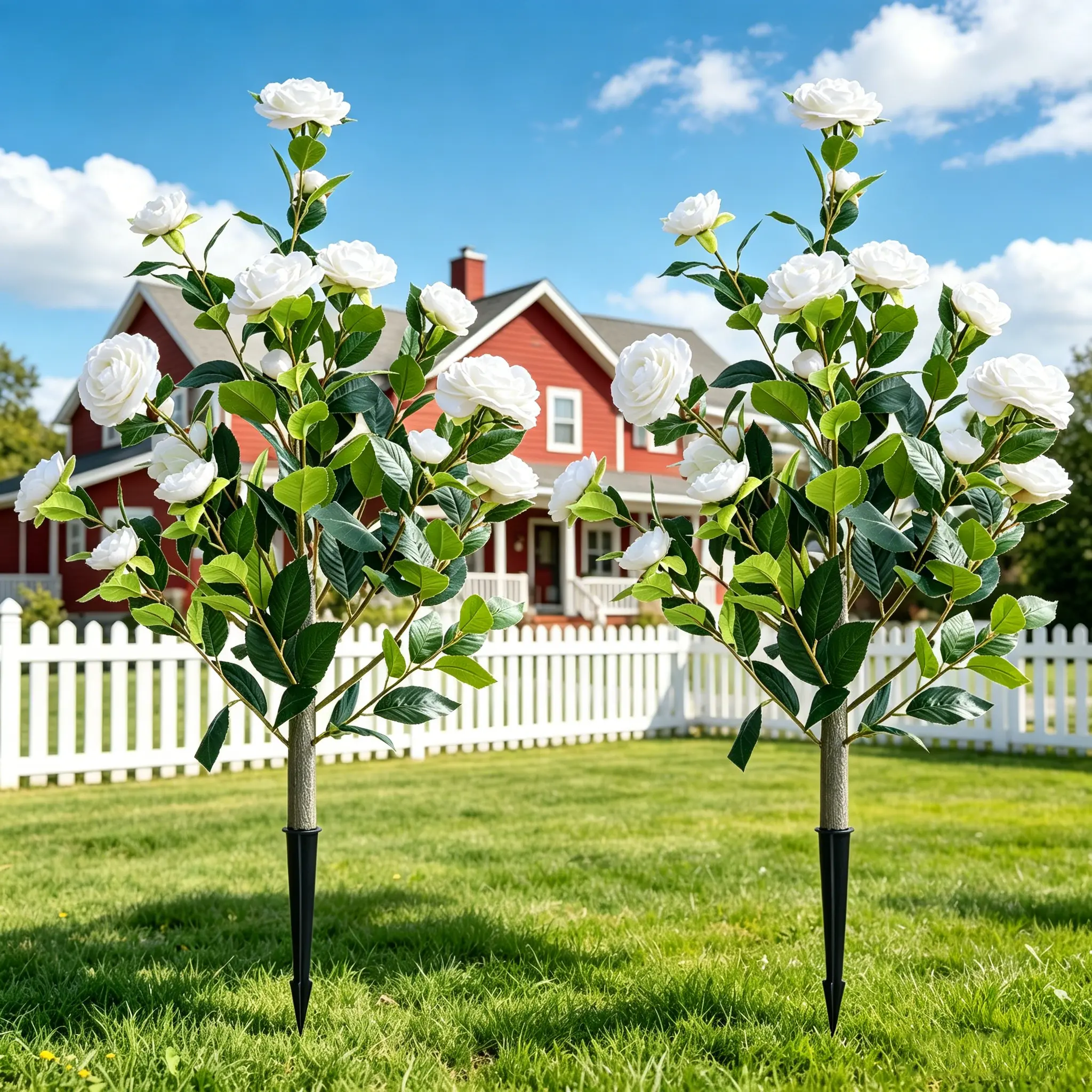 2-Piece Simulation Camellia With Ground Spikes, Fake Camellia Shrubs Outdoor Anti-Ultraviolet Colorfast Simulation Plants Used For Garden Courtyard Porch Beautification Decoration And Grave Monument.