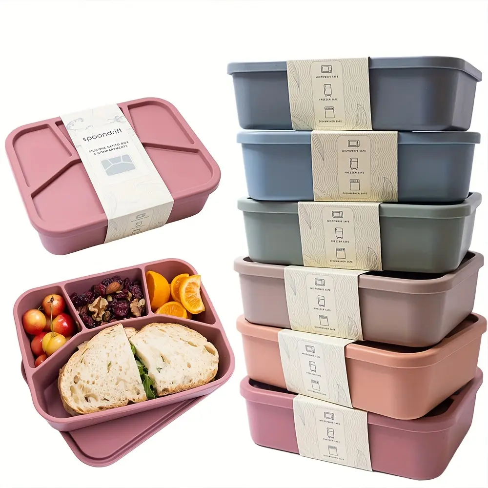 4-Compartment Silicone Bento Box Set - Leakproof Thick Silicone Food Box, Microwaveable, Dishwasher-Friendly Student Meal Prep Container, Healthy Eating Containers (Back to School Home Supplies)