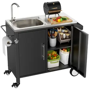 38"L*18.1"W*35.4"H Black‑Silver 304 Stainless Steel Outdoor Grill Cart with Sink & Storage Cabinet, Lockable 360° Wheels Mobile Sink Station with Spice Rack Bottle Opener for Patio Commercial Kitchen