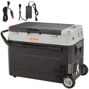 VEVOR 12 Volt Car Refrigerator Fridge with Wheels & Side Pull Rod Easy to Carry, Max 58 QT/55 L Dual Zone Portable Freezer, -4 ℉ -50 ℉   Adjustable Range, 12/24V DC and 100-240V AC Compressor Cooler