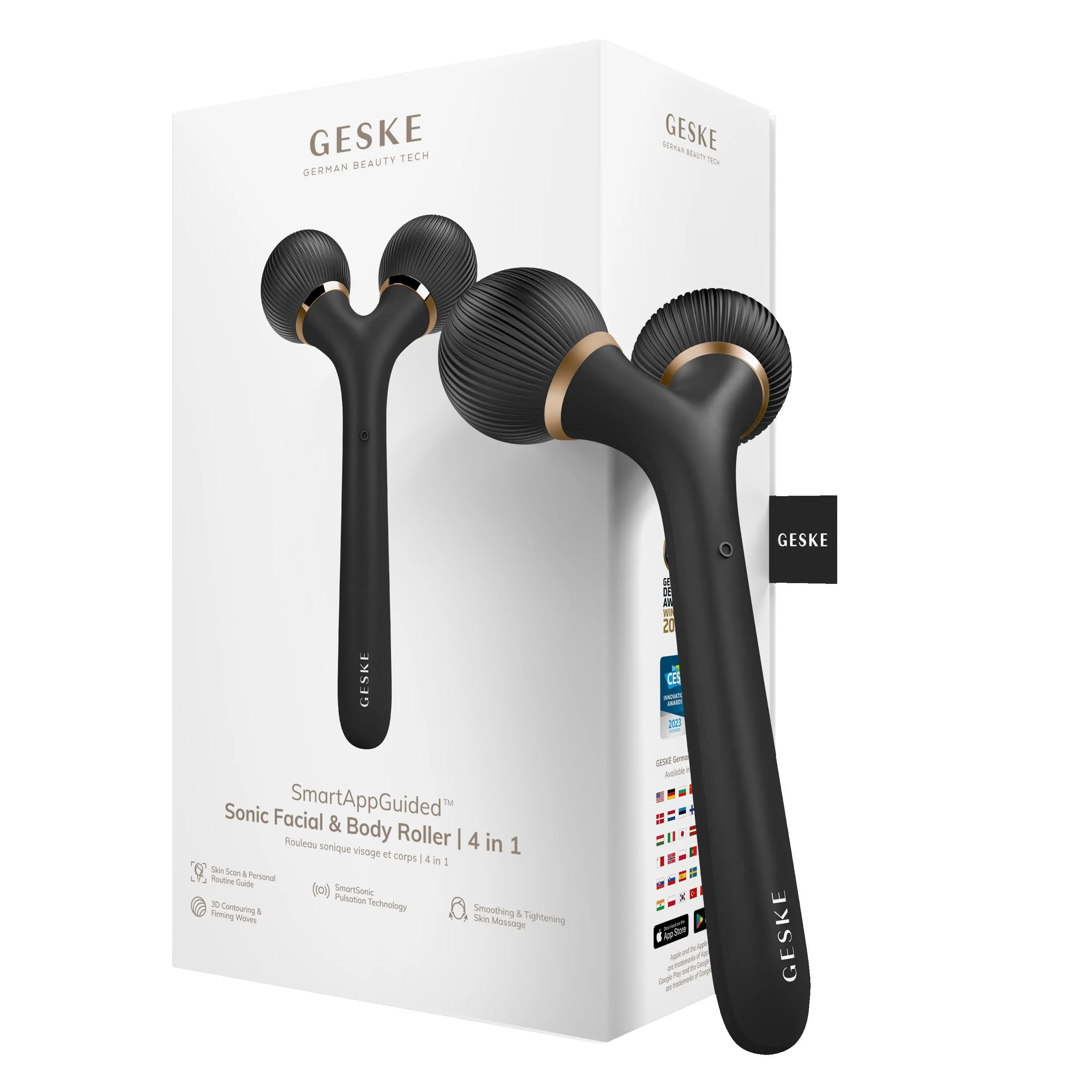 GESKE SmartAppGuided™ Sonic Facial & Body Roller | 4 in 1 | Derma Roller | Facial & Body Dermasmooth Stimulator | Derma Roll | Professional Facial & Body Roller | Dermaroller for Skincare and Beauty