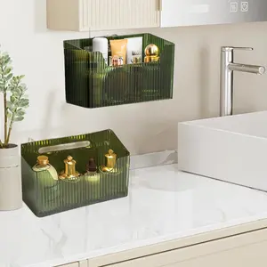 2pcs Clear Wall-Mounted Storage Organizer Bins - Heavy-Duty BPA-Free PET Plastic Stackable Shower Caddy, No Drilling Required, Marble/Textured Surface Compatible for Bathroom, Kitchen, Pantry - Space-Saving Shelving (Green/White)
