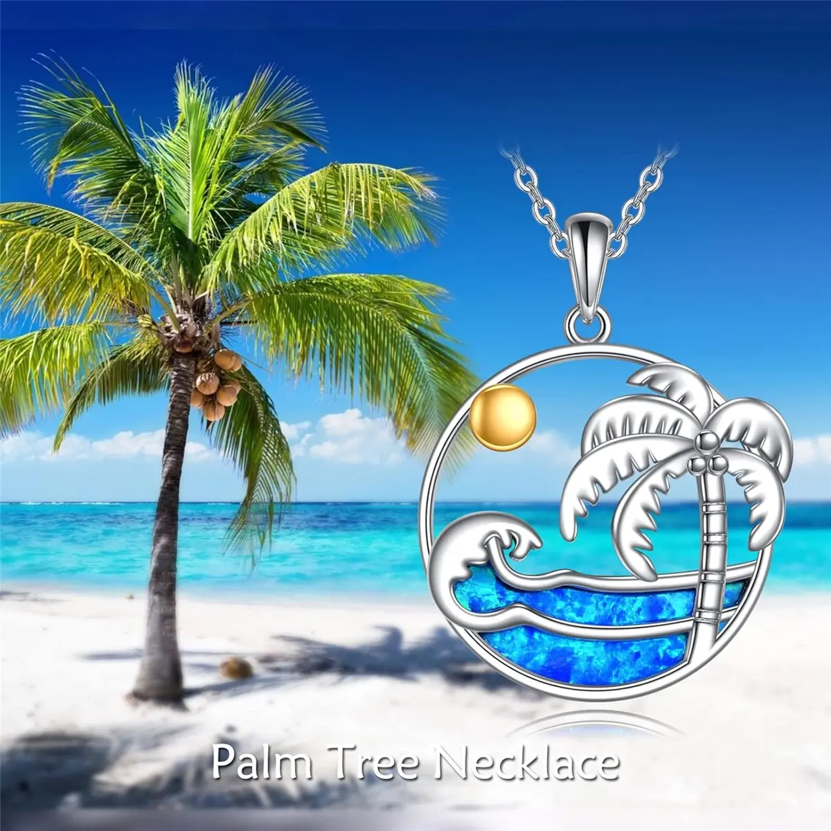 Bohemian Style Alloy Pendant Necklace for Women, Handcrafted Sunset, Palm Tree & Ocean Wave Circle Charm, Adjustable Coastal Jewelry