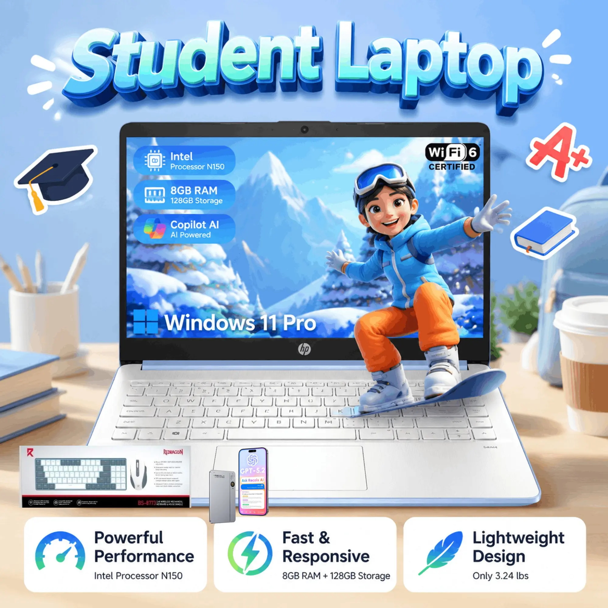 HP 14 Inch Blue Slim Lightweight Student Laptop | Intel N150 Up to 3.6GHz,8GB RAM 128GB Storage,Windows 11 Pro+Microsoft 365, Perfect for Back‑to‑School & Everyday Work