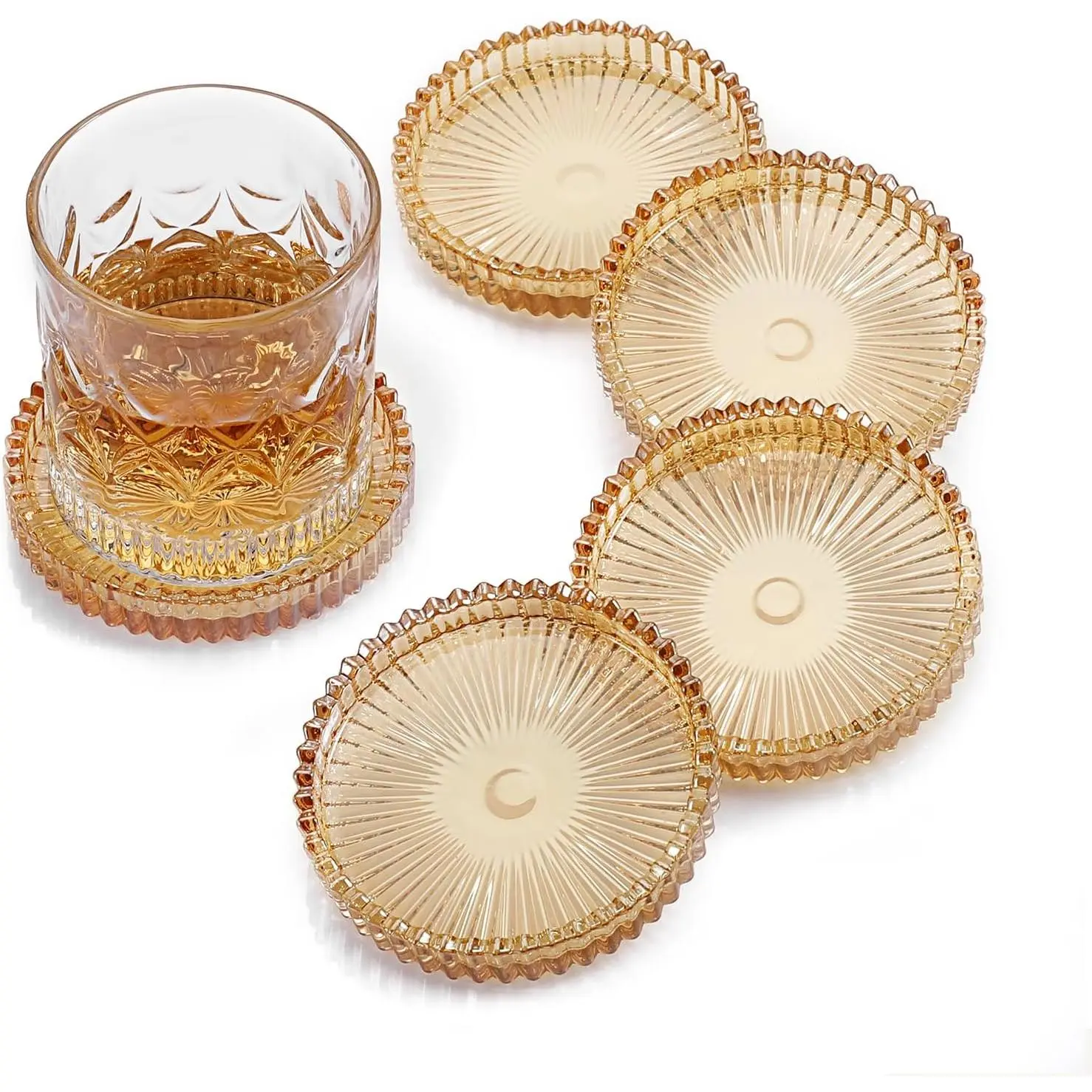 Modern Clear Coaster Set of 5- Glass Coasters for Drinks Crystal Coasters Round Cup Coasters Coffee Table Decor for Office, Kitchen, Bar, Dining Room, Living Room, Patio