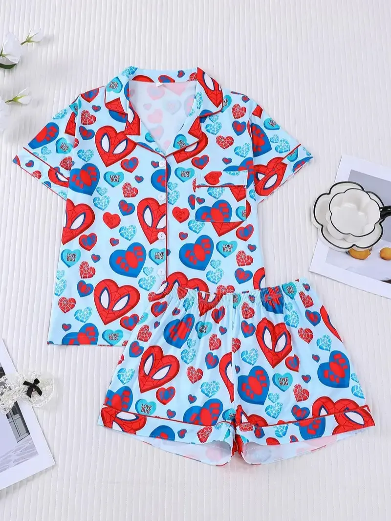 Spider Web Heart Women Pajama Set, Cute Cartoon Character 2 Piece Lounge Set, Soft Short Sleeve Top Shorts PJ, Spooky Comfy Nightwear Gift