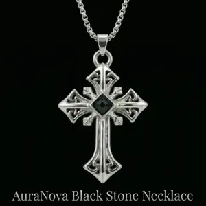 Gothic Cross Necklace in Stainless Steel with Black Stone, 23.6-inch Chain for Men & Women, Christian Crucifix Jewelry Gift, Gothic Necklaces, Cross Motif Necklaces