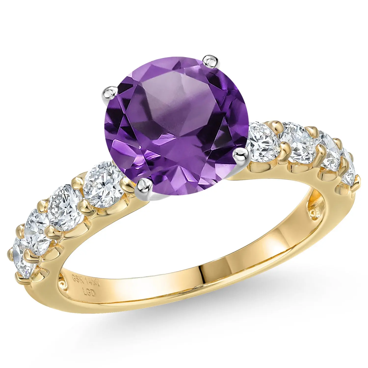 14K Two Tone Gold Purple Amethyst and Lab Grown Diamond Engagement Ring For Women | 3.20 Cttw | Round 9MM | Gemstone February Birthstone