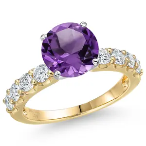 14K Two Tone Gold Purple Amethyst and Lab Grown Diamond Engagement Ring For Women | 3.20 Cttw | Round 9MM | Gemstone February Birthstone