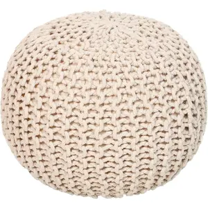 Round Pouf Ottoman Cable Knitted Boho Poof Home Décor Cord Pouffe Handmade Circular Footrest for Living Room Bedroom Kids Bedroom 100% Cotton Pouf (18" x 18" x 14") Ivory