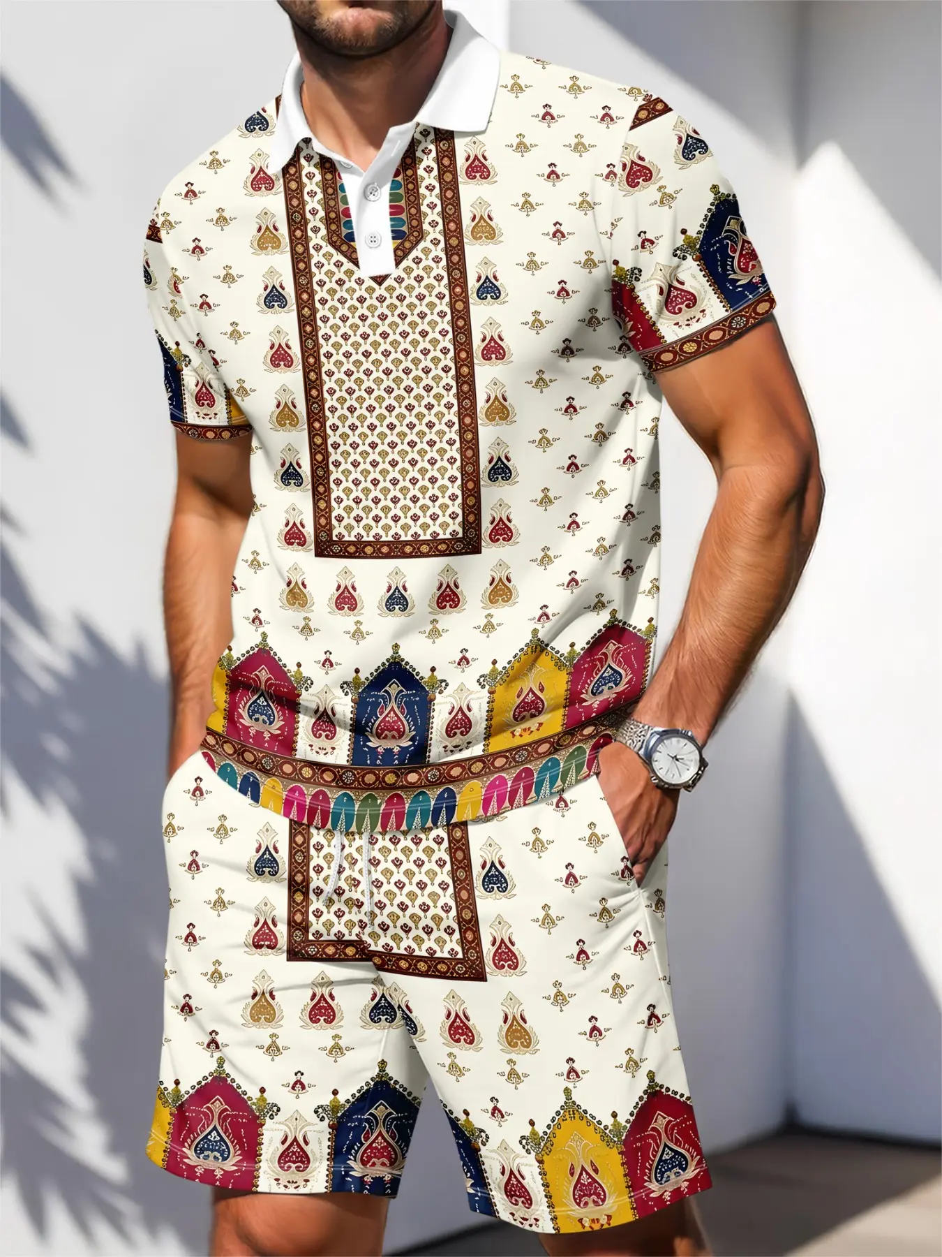 Men's Two-Piece Set, Menswear Ethnic Paisley Print Polo Shirt and Shorts, Casual Short Sleeve Bohemian Style, Summer Multicolor Sports Clothes