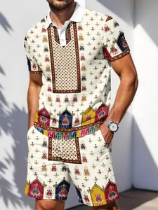 Men's Two-Piece Set, Menswear Ethnic Paisley Print Polo Shirt and Shorts, Casual Short Sleeve Bohemian Style, Summer Multicolor Sports Clothes