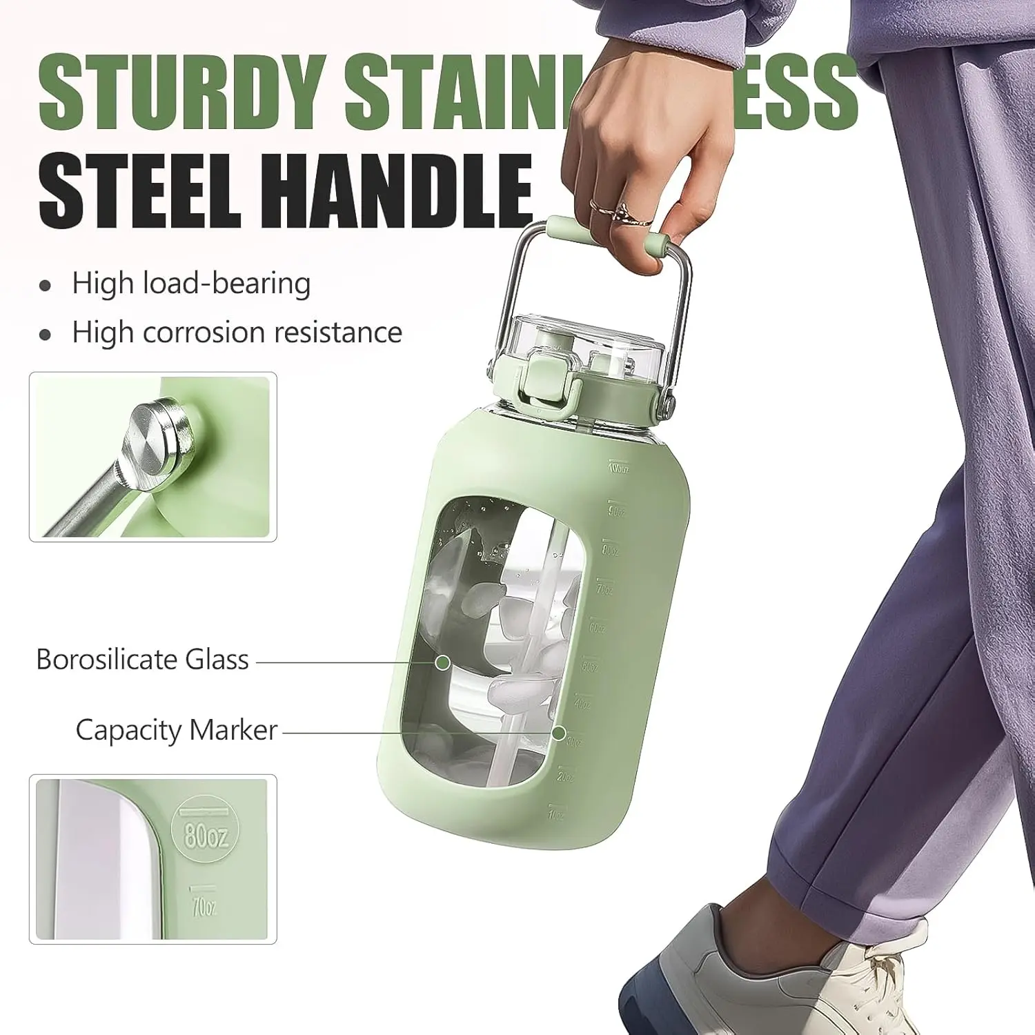 Large Glass Water Bottles with Stainless Steel Handle,100 oz Gallon Drinking  Bottle with 2-in-1 Straw Lid,3 Liter Glass Water Jug with Sleeve,Wide  Mouth,Light Green - TikTok Shop