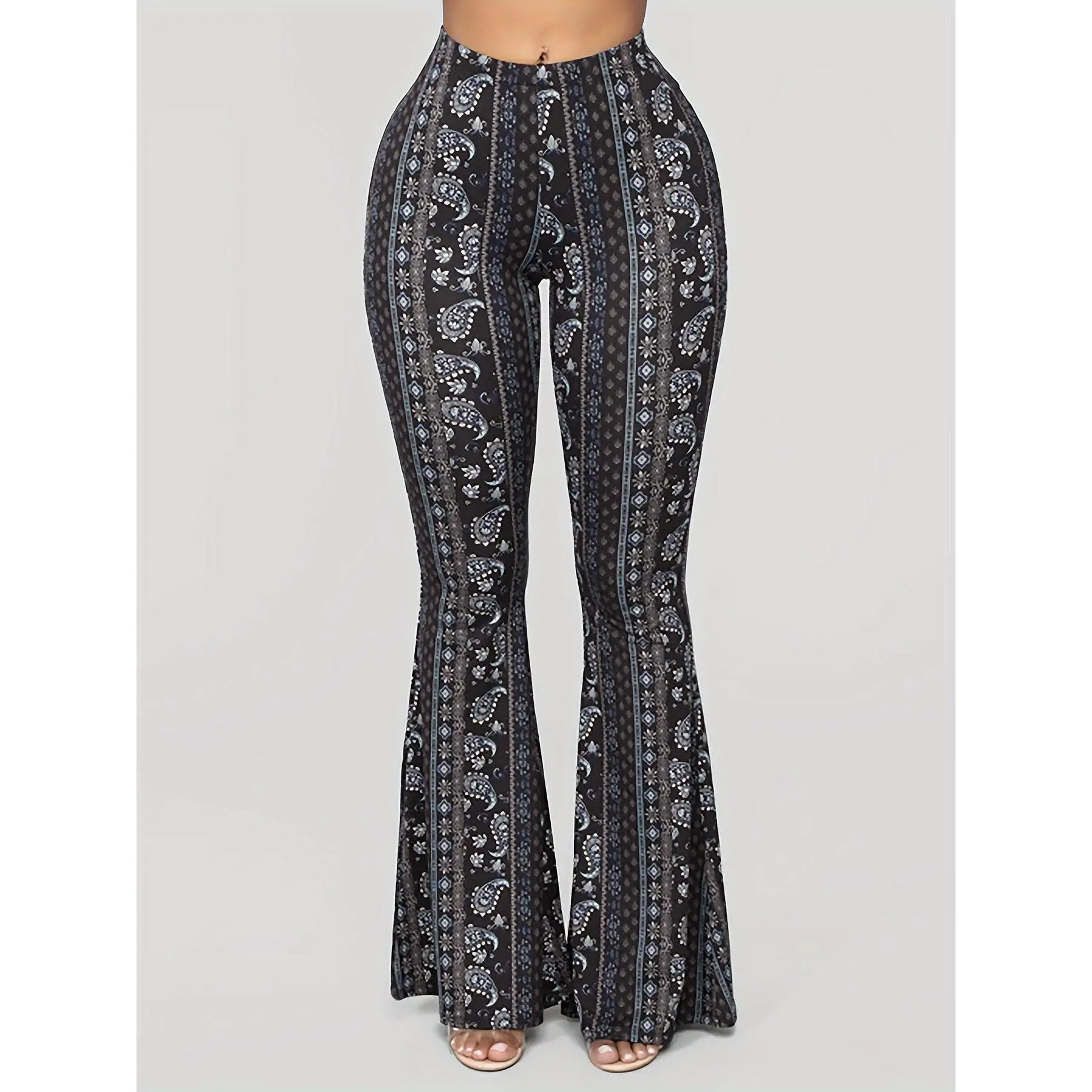 100% Polyester Women's High Waist Sexy Flare Pants - Paisley Print, All Season, Casual Bell Bottoms with Knitted Fabric