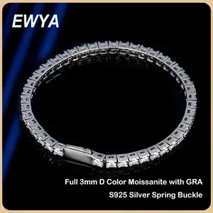 EWYA Real GRA Certified D Color 3mm 0.1CT Full Moissanite Tennis Bracelet For Women S925 Silver Diamond 14-23cm Link Bracelets
