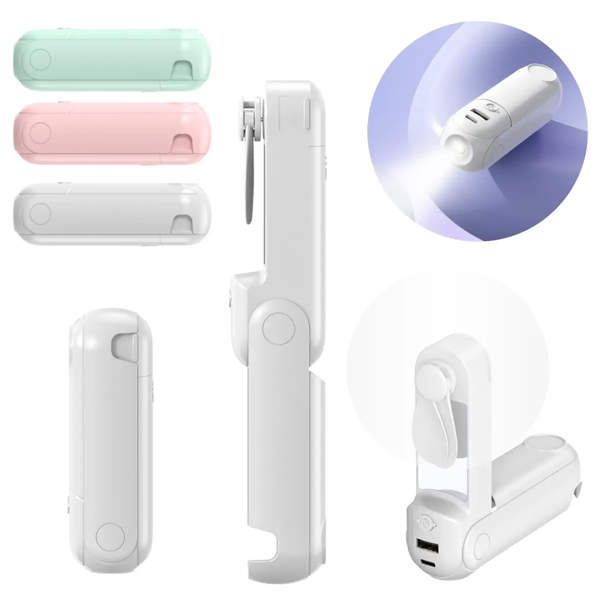 5 IN 1 Portable Handheld Fan, Mini Rechargeable Cordless Folding Fans with Power Bank USB Battery Operated Mirror Flashlight Phone Holder Multifunctio