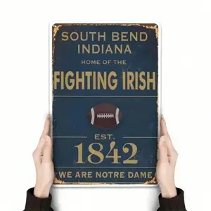 University of Notre Dame Fighting Irish Metal Tin Sign, Vintage Retro Wall Art Decor, Rustic College Football Memorabilia for Bar, Rustic Design