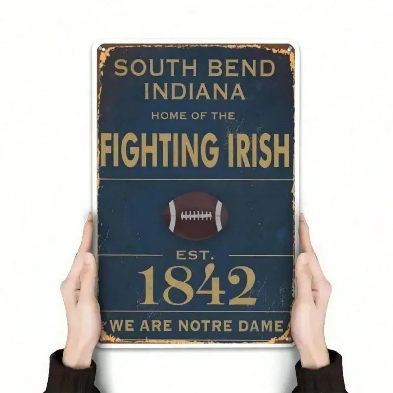 University of Notre Dame Fighting Irish Metal Tin Decorative Wall Sign, Vintage Retro Wall Art Decor, Rustic College Football Memorabilia for Bar, Rustic Design, Home Decoration, Vintage Plaque Decoration