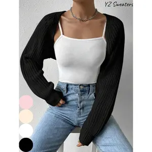 Women's Solid Long Sleeve Open Front Crop Cardigan, Casual Solid Knit Cover Up for Daily Wear Holiday Vacation, Ladies Outerwear Clothes for All Seasons
