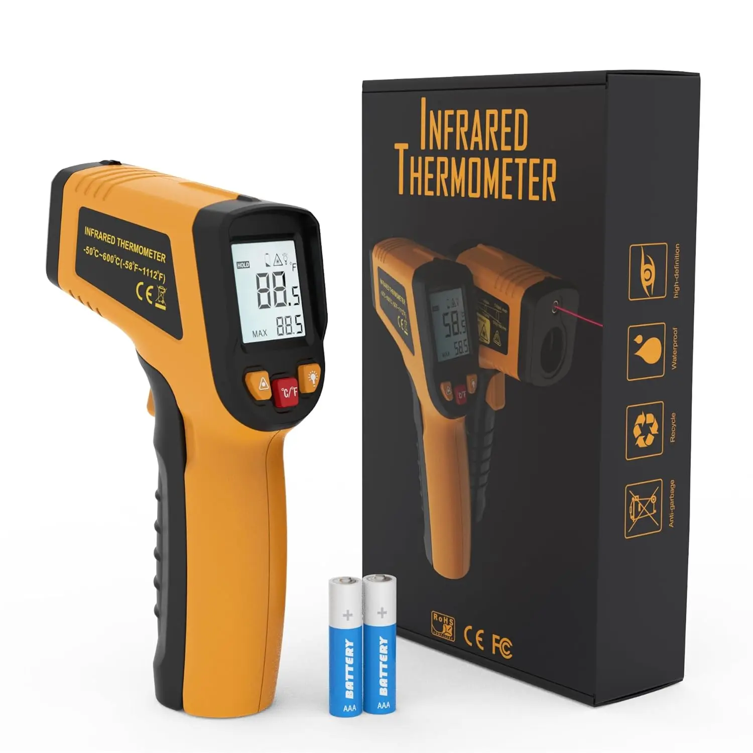 Kitchen Non-Contact Infrared Laser Thermometer Gun, -58 ℉ to 1112 ℉ Range, 12:1 Distance Spot Ratio, Single Laser Targeting Digital Thermometer for Cooking, Meat, BBQ