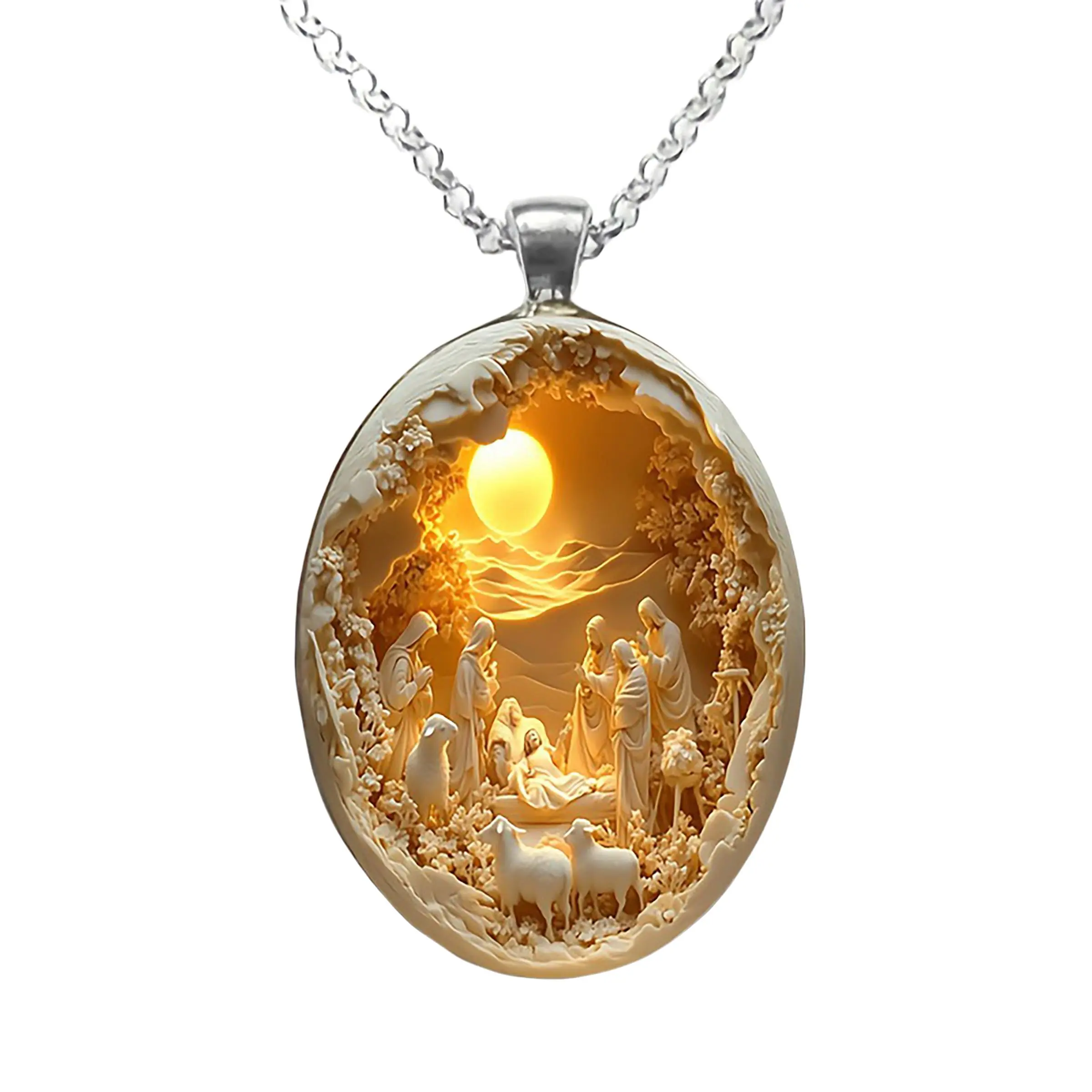 Glass Pendant Necklace with Jesus Birth Scene, Shepherd Oval Religious Jewelry, Daily Wear and Easter Gift, Vintage Style
