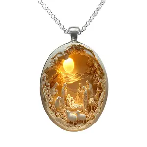 Glass Pendant Necklace with Jesus Birth Scene, Shepherd Oval Religious Jewelry, Daily Wear and Easter Gift, Vintage Style
