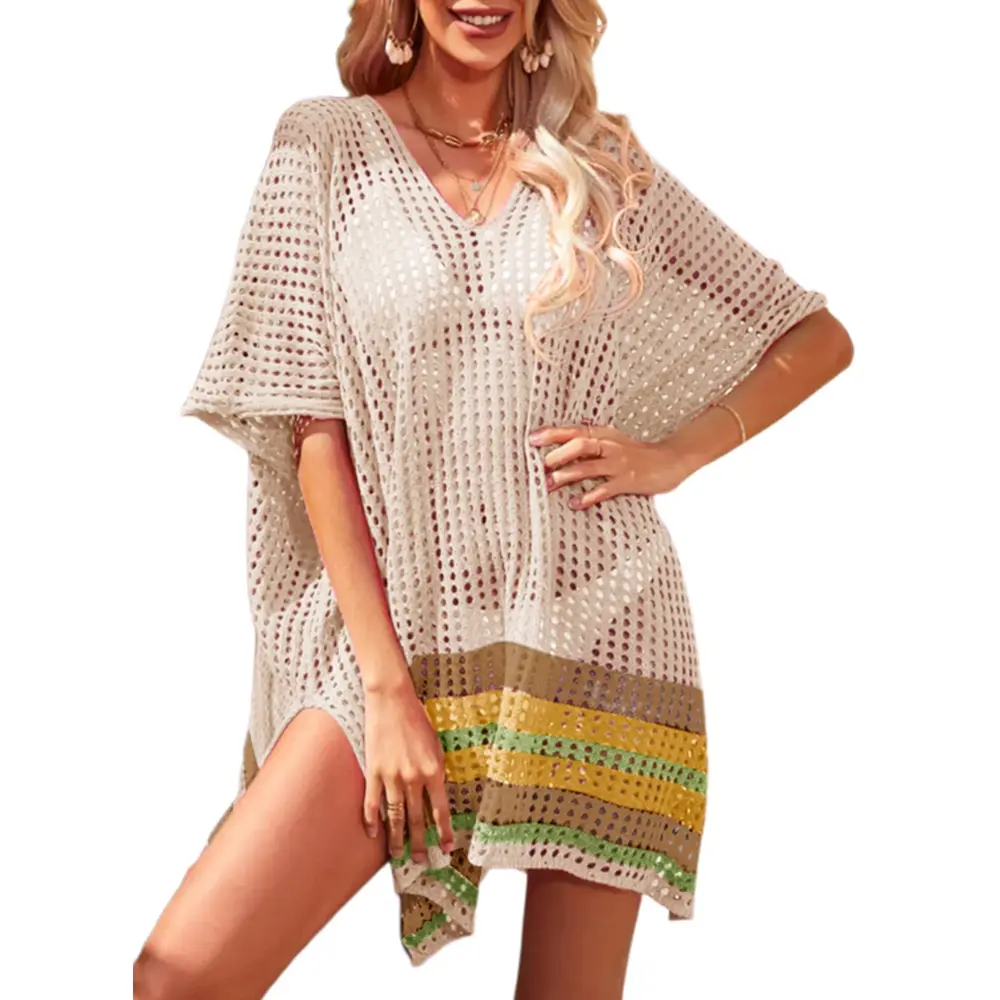 Dokotoo Women's Swimwear Beach Bikini Swimsuit Color Block Cover-ups Crochet Striped Side Split Mini Dress